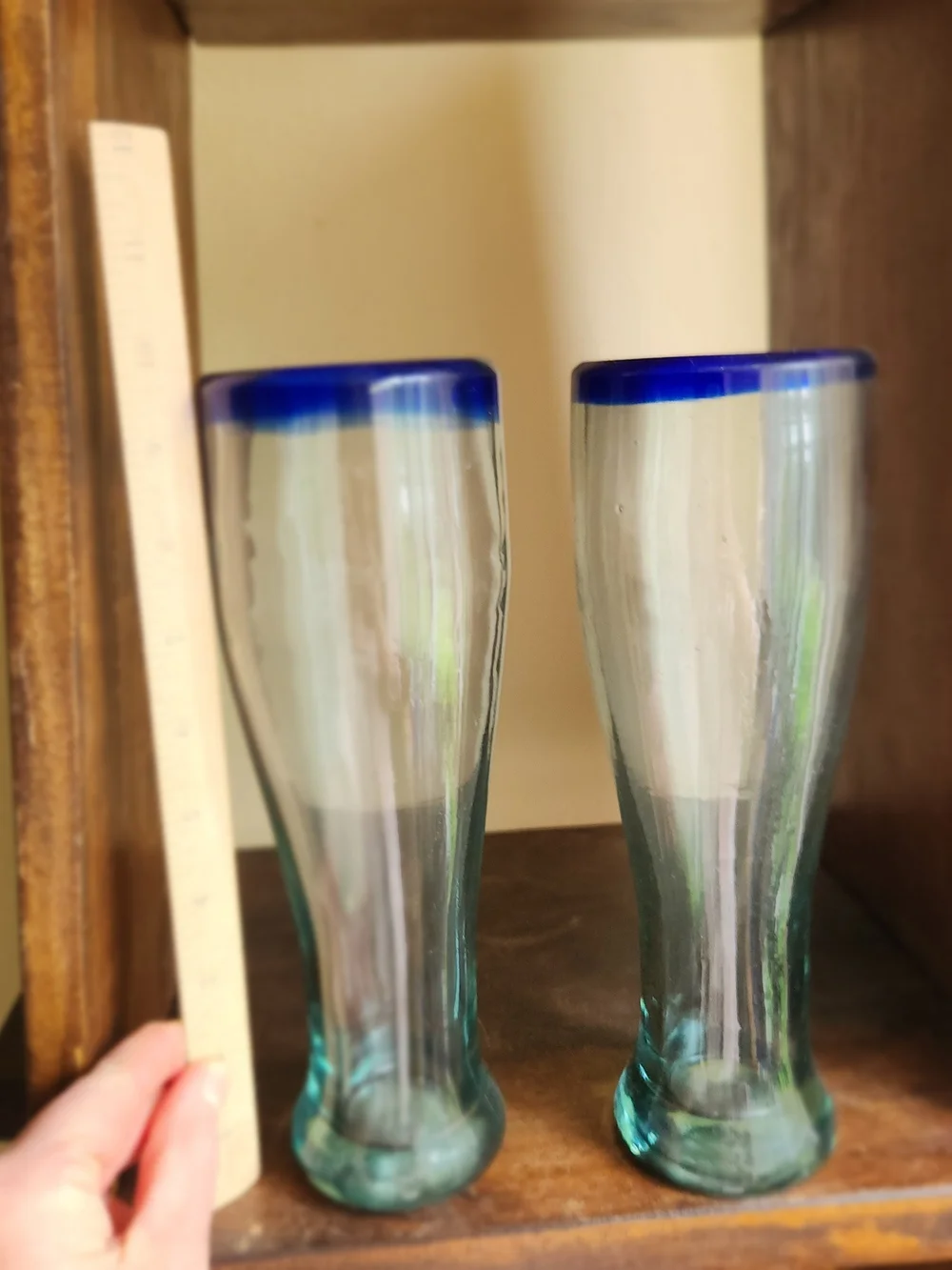Handblown Glass Pilsner Set with Blue Rim